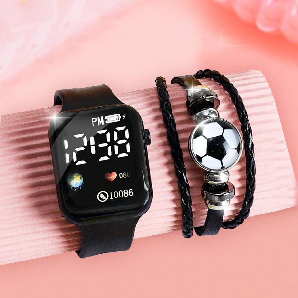 1 Pièce Montre Électronique Numérique Unisexe Intégrée Dans Un Bracelet De Leadership & 1 Pièce Bracelet En Forme De Football, Adapté Pour Une