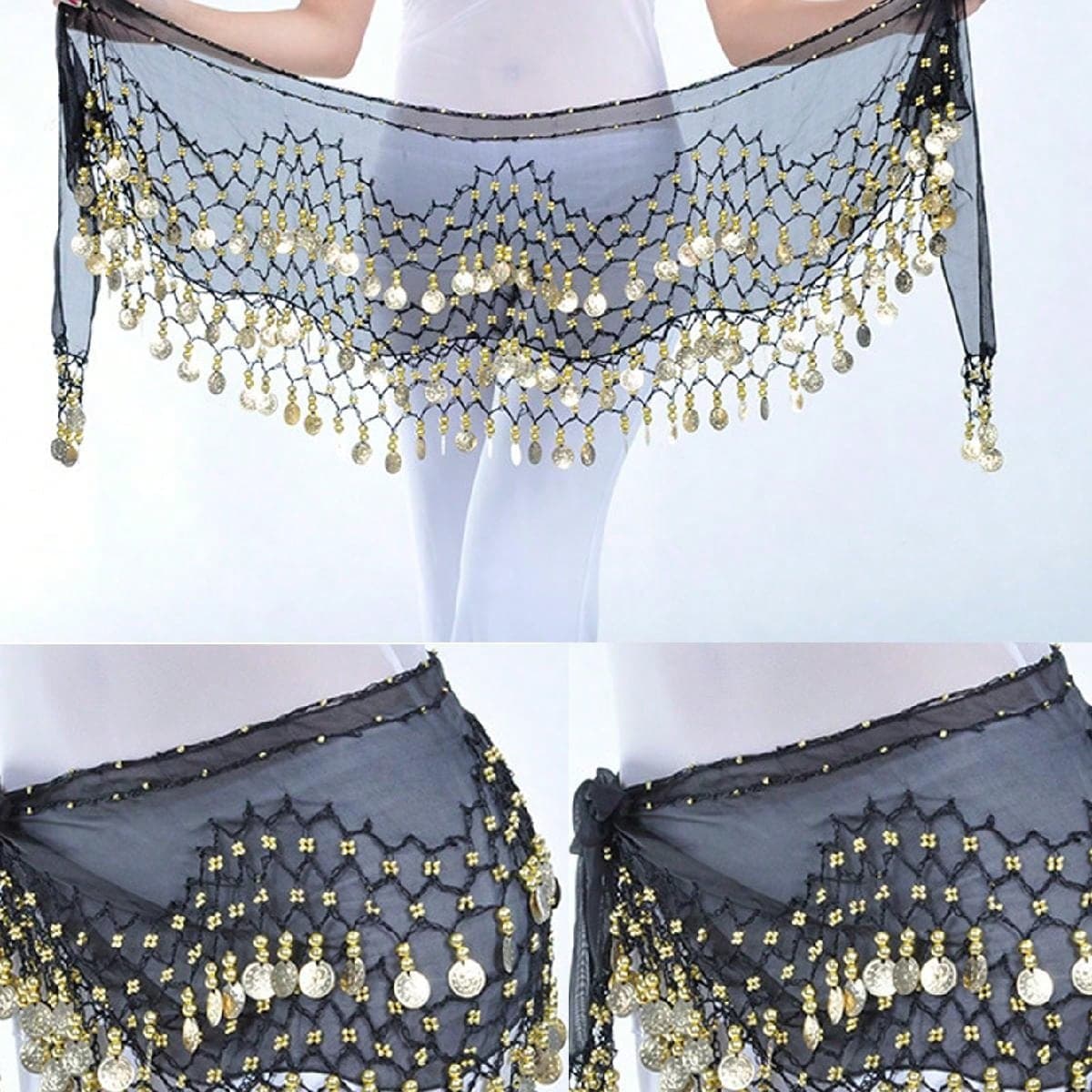 Chaîne de taille de danse du ventre avec 128 pièces de monnaie, écharpe de hanche dorée pour costume de danse du ventre pour performance