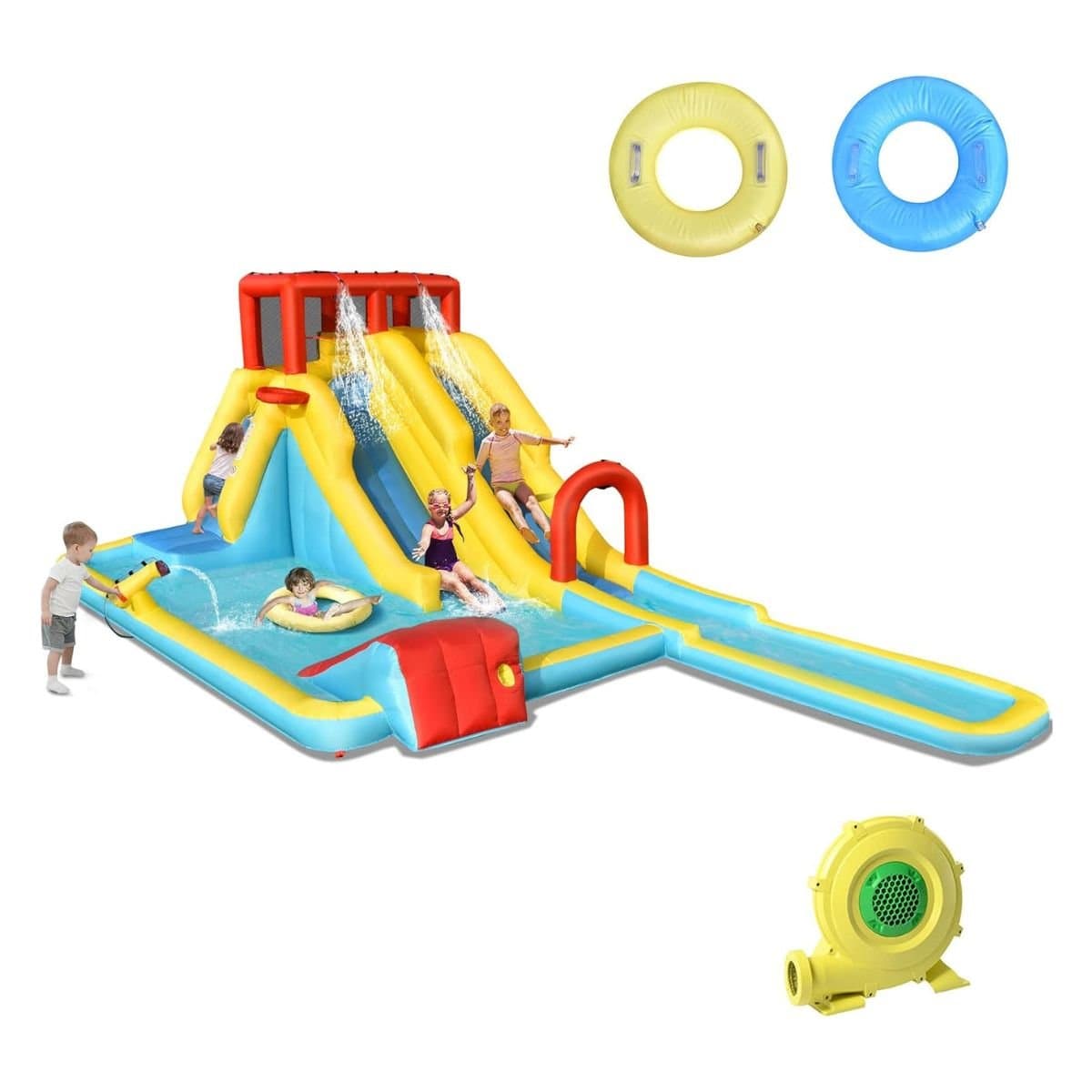 CostwayToboggan Aquatique Gonflable avec Double Toboggan Mur d'Escalade et Panier de Basket Château Gonflable Extérieur Parc Aquatique
