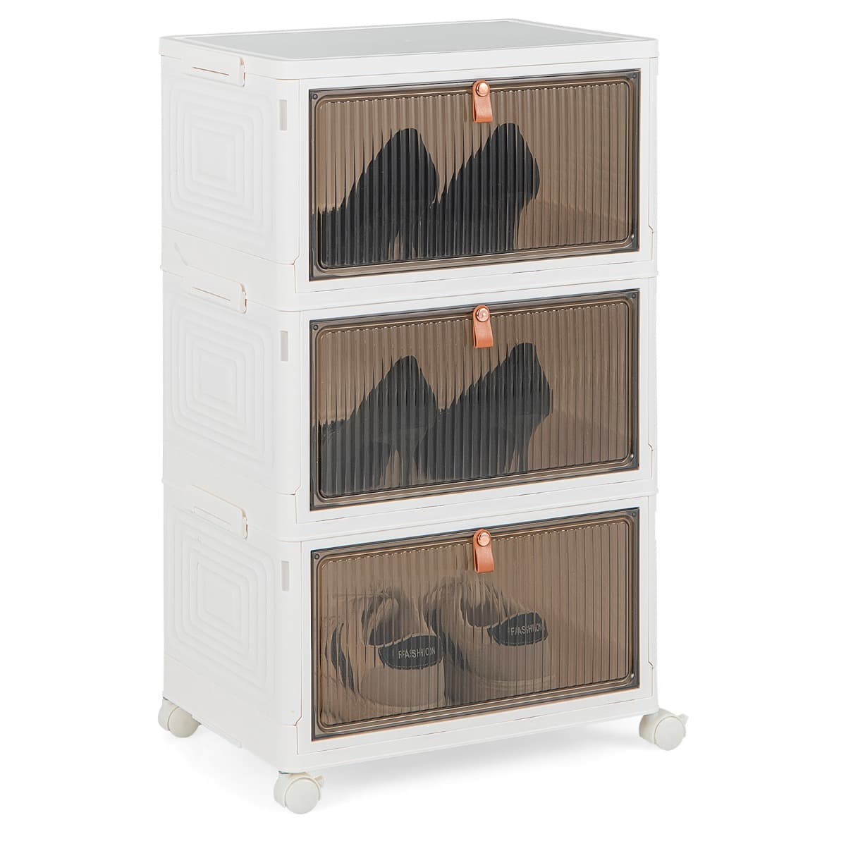 CostwayBoîte de Rangement de Chaussures Pliable 3 Niveaux Portes Transparentes Magnétiques Roues Universelles Verrouillables pour Baskets Jouets Blanc